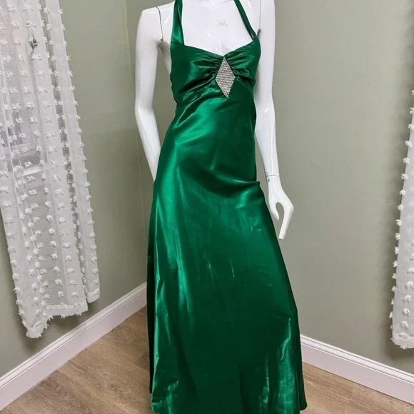 VTG Jessica McClintock Gunne Sax Emerald Green Satin Halter Prom Dress Size 1 - Picture 4 of 6